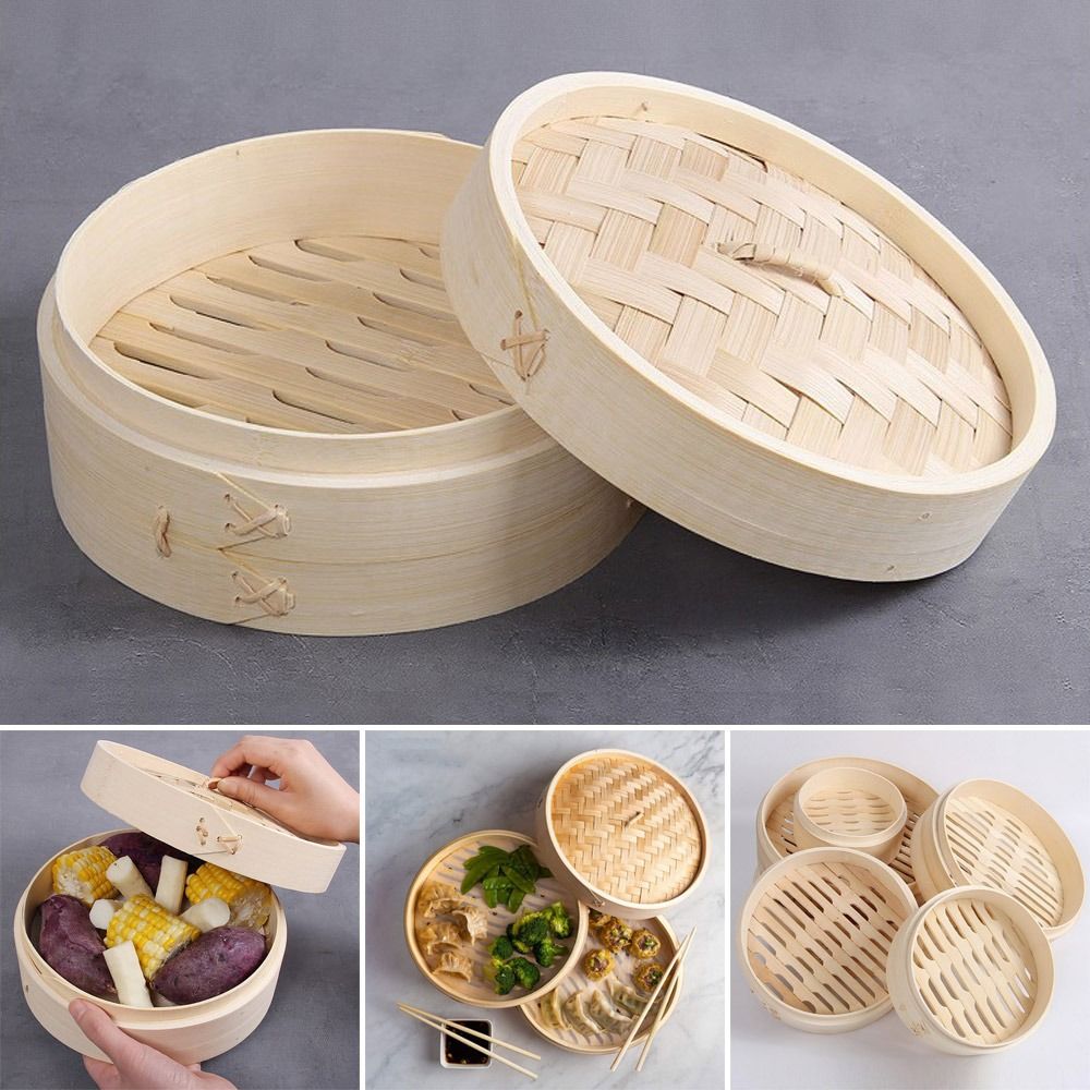 Bao Steamer Bamboo - ตะกร้าซึ้งไอน้ำไม้ไผ่แบบจีน สำหรับทำติ่มซำ พร้อมฝาปิด ใช้สำหรับนึ่งเกี๊ยว ผัก อาหารว่าง