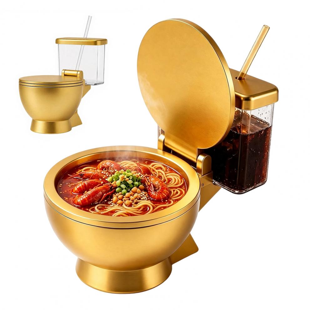 Dim Sum Basket - ชุดชามราเมนรูปโถสุขภัณฑ์ พร้อมแก้วน้ำและหลอดดูดในตัว ชามอาหารดีไซน์แปลกใหม่ สำหรับก๋วยเตี๋ยวซุปและของว่าง